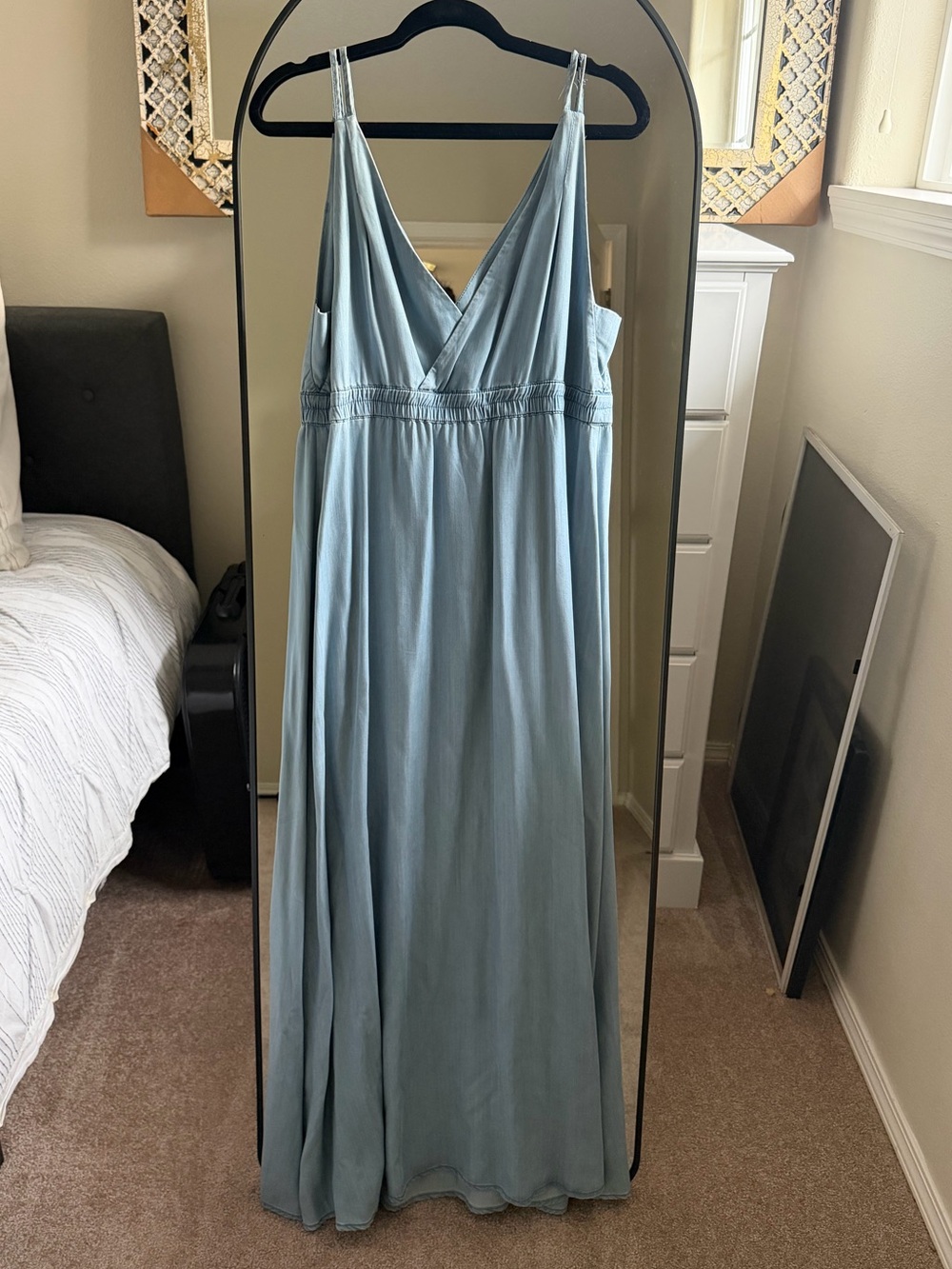 Anthropologie Chambray Denim V-Neck Maxi Dress with Spaghetti Straps
